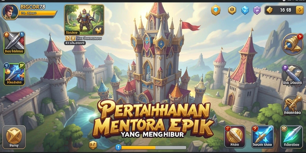 Screenshot utama BIGCOR78 menampilkan pertahanan menara yang strategis.