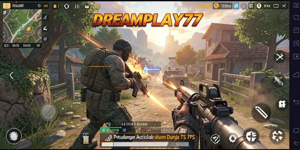 Tampilan gameplay utama dari DREAMPLAY77 menampilkan aksi tembak-tembakan yang intens.