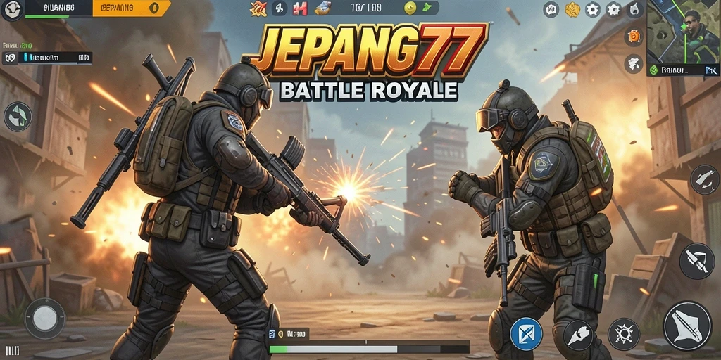 Screenshot gameplay JEPANG77 menampilkan aksi seru dalam pertempuran Battle Royale.