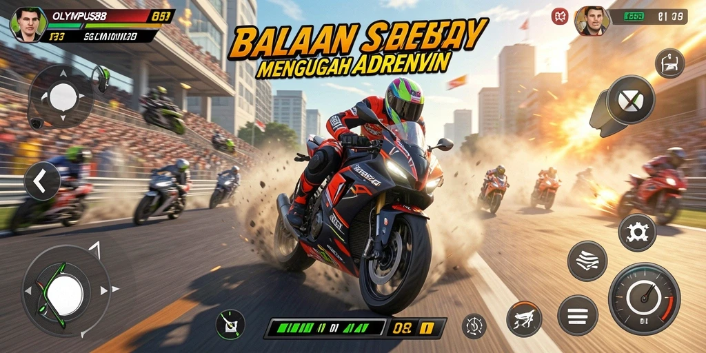 Gameplay OLYMPUS88 menampilkan balapan sepeda motor yang seru dan mendebarkan.
