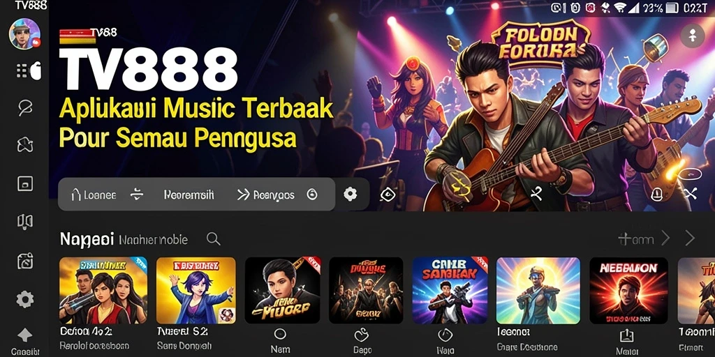 Screenshot utama TV888 menampilkan antarmuka aplikasi dengan berbagai pilihan lagu.